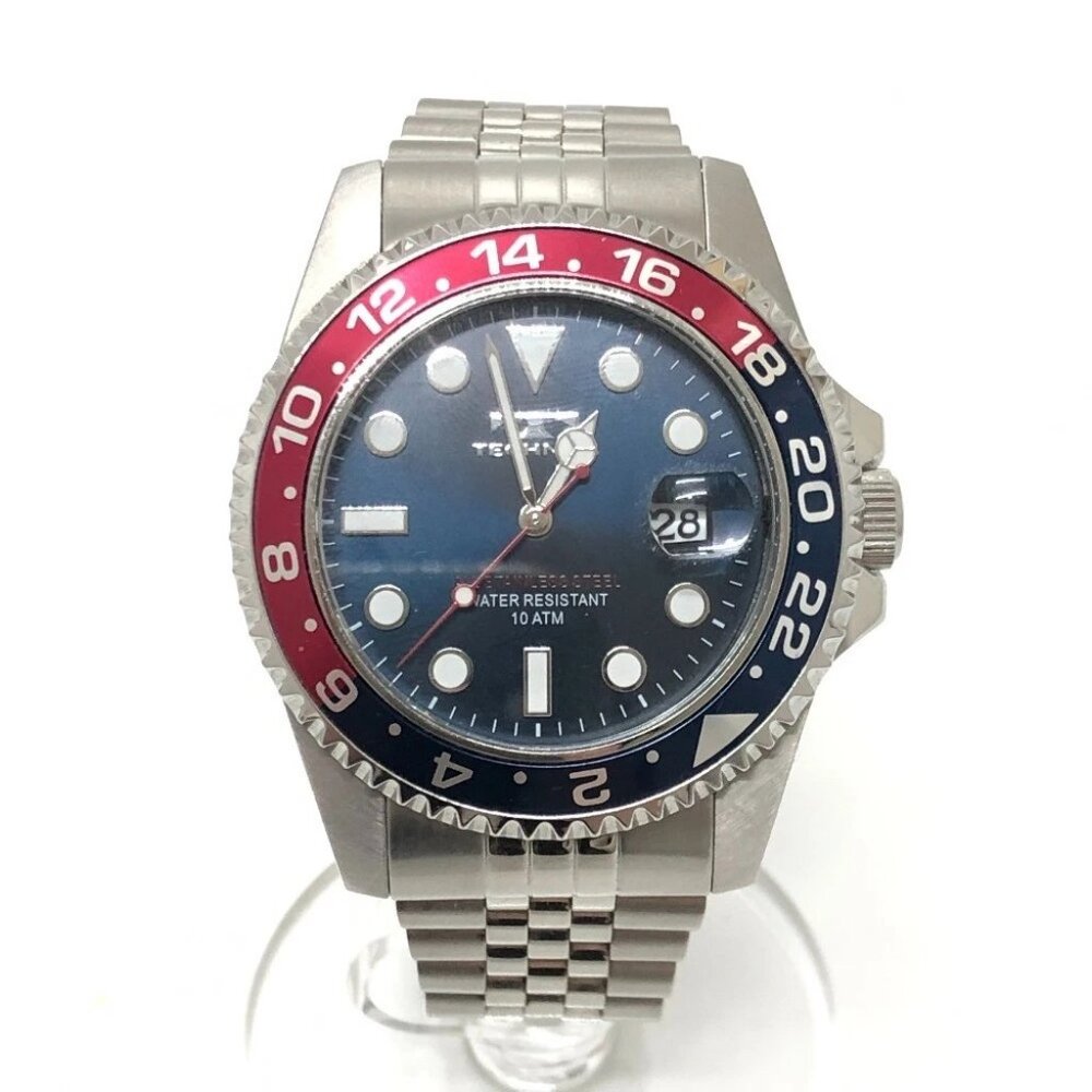 TECHNOS T9C11SN Date Quartz Watch Rotating Bezel Wristwatch SS Blue x Red Silver